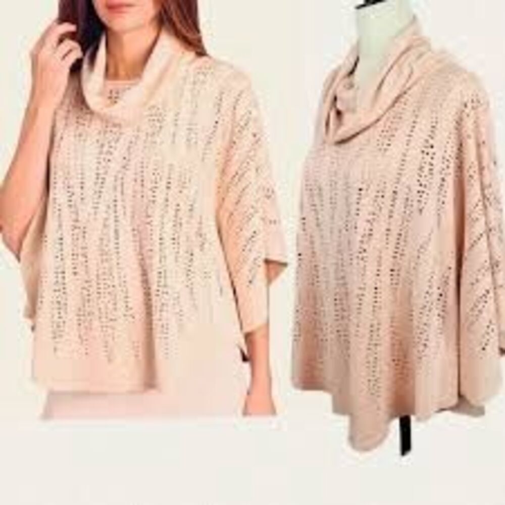 Alberto Makali Laser Cut Top Beige Cape Poncho Blouse Boho Stretch Oversized Siz